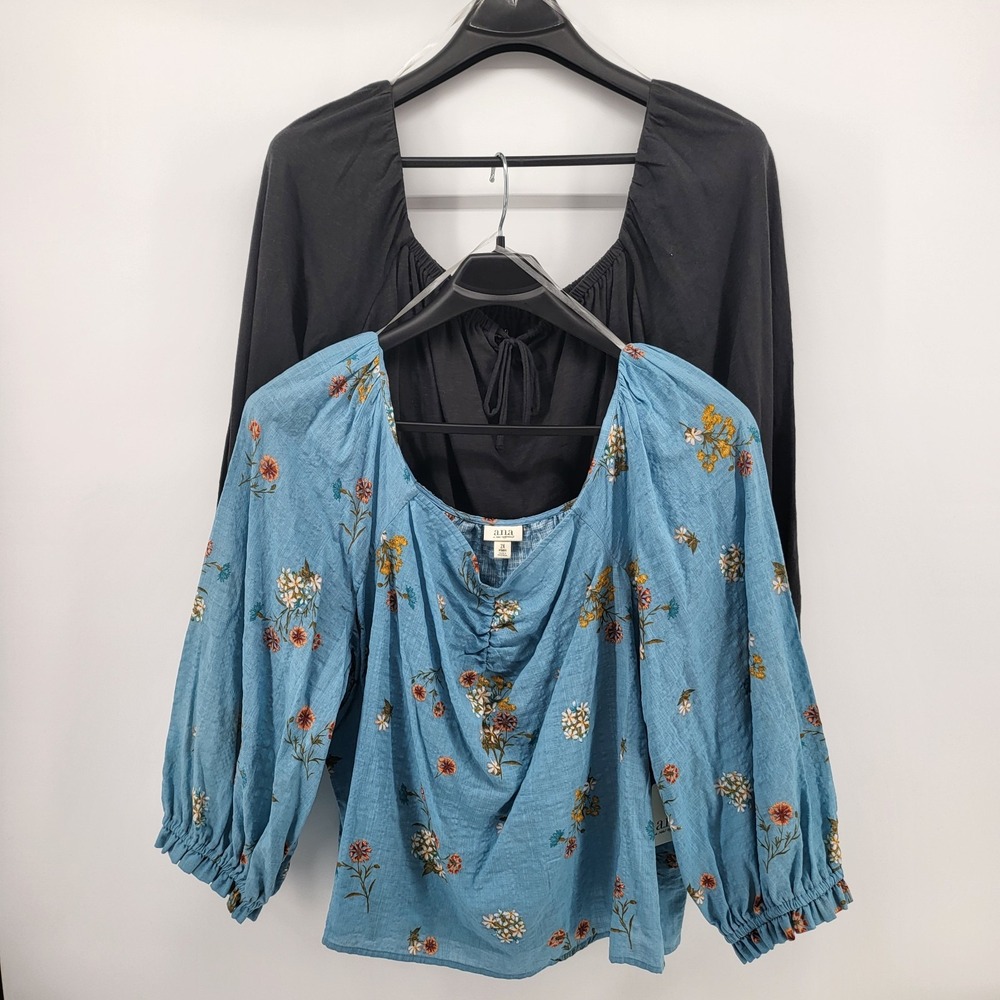 2 ANA A New Approach XXL Square Neck Long Sleeve Peasant Top Blue Floral & Black